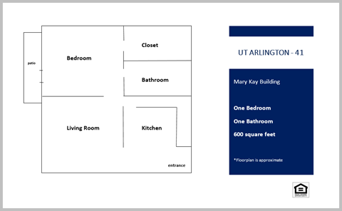 Floor plan for 1 bed, 1 bath, 600 sqft